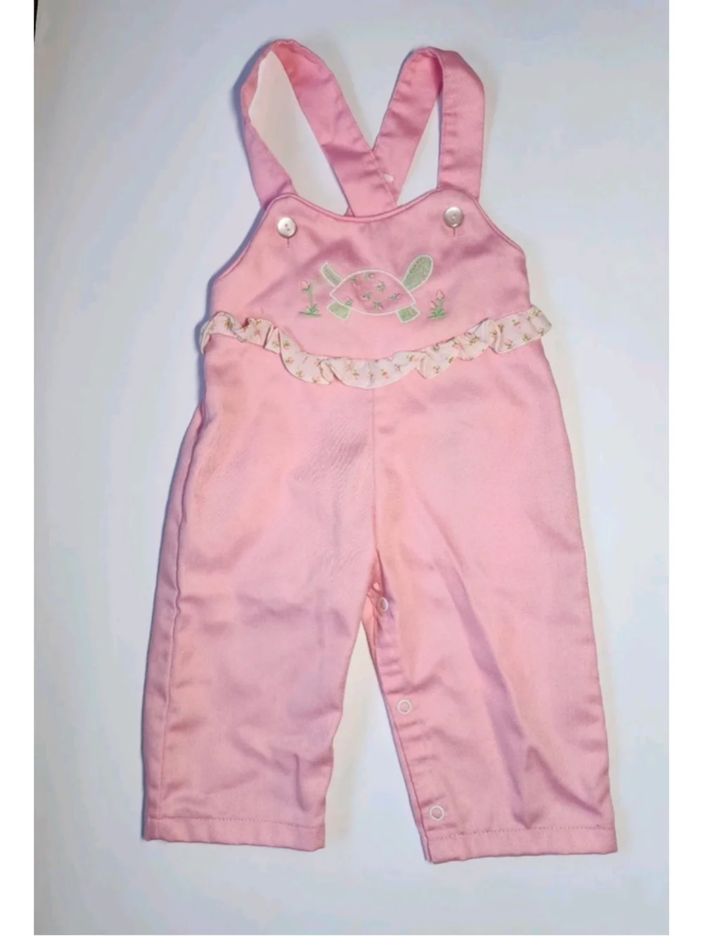 Vintage Toddler Baby Overalls Set 12 Months Pink Floral Embroidery Turtle Outfit